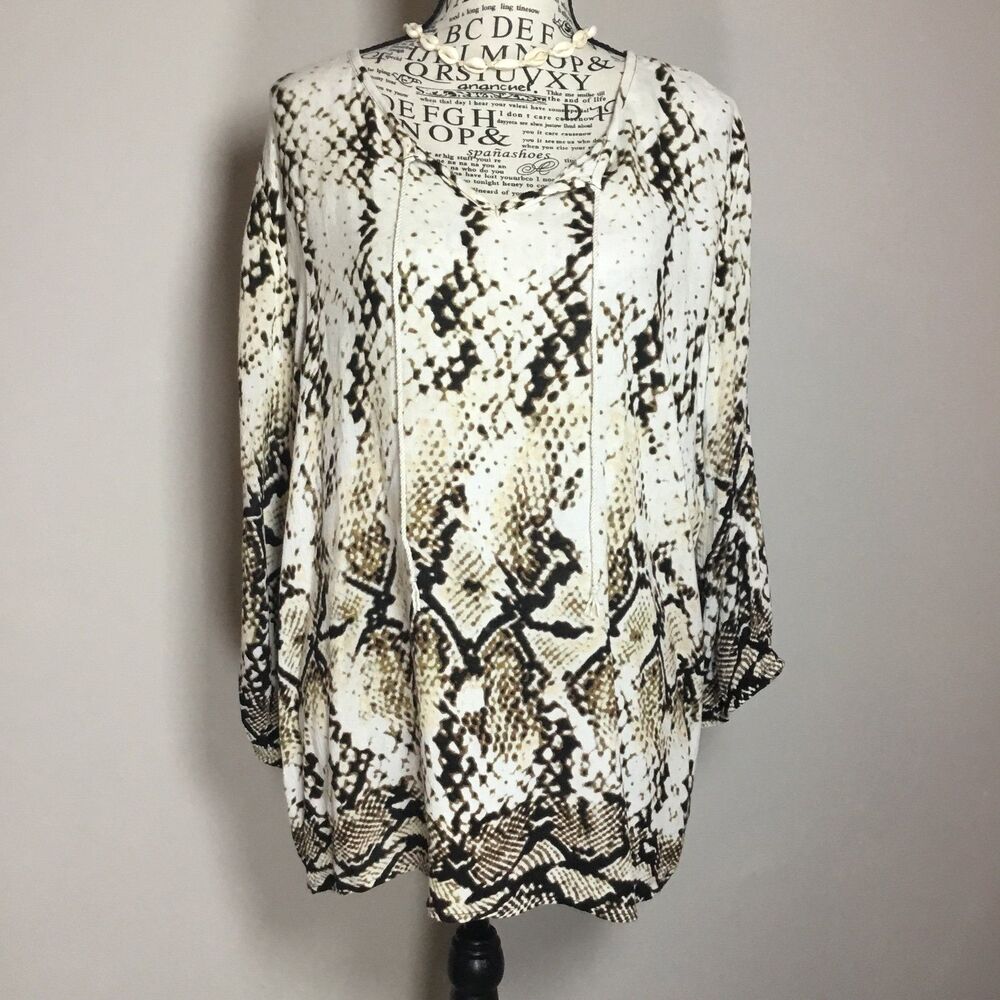 Snake skin pattern floaty blouse tassel ties brown cream white v neck boho S